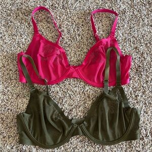 CUUP 32 E sheer plunge bras pink and green